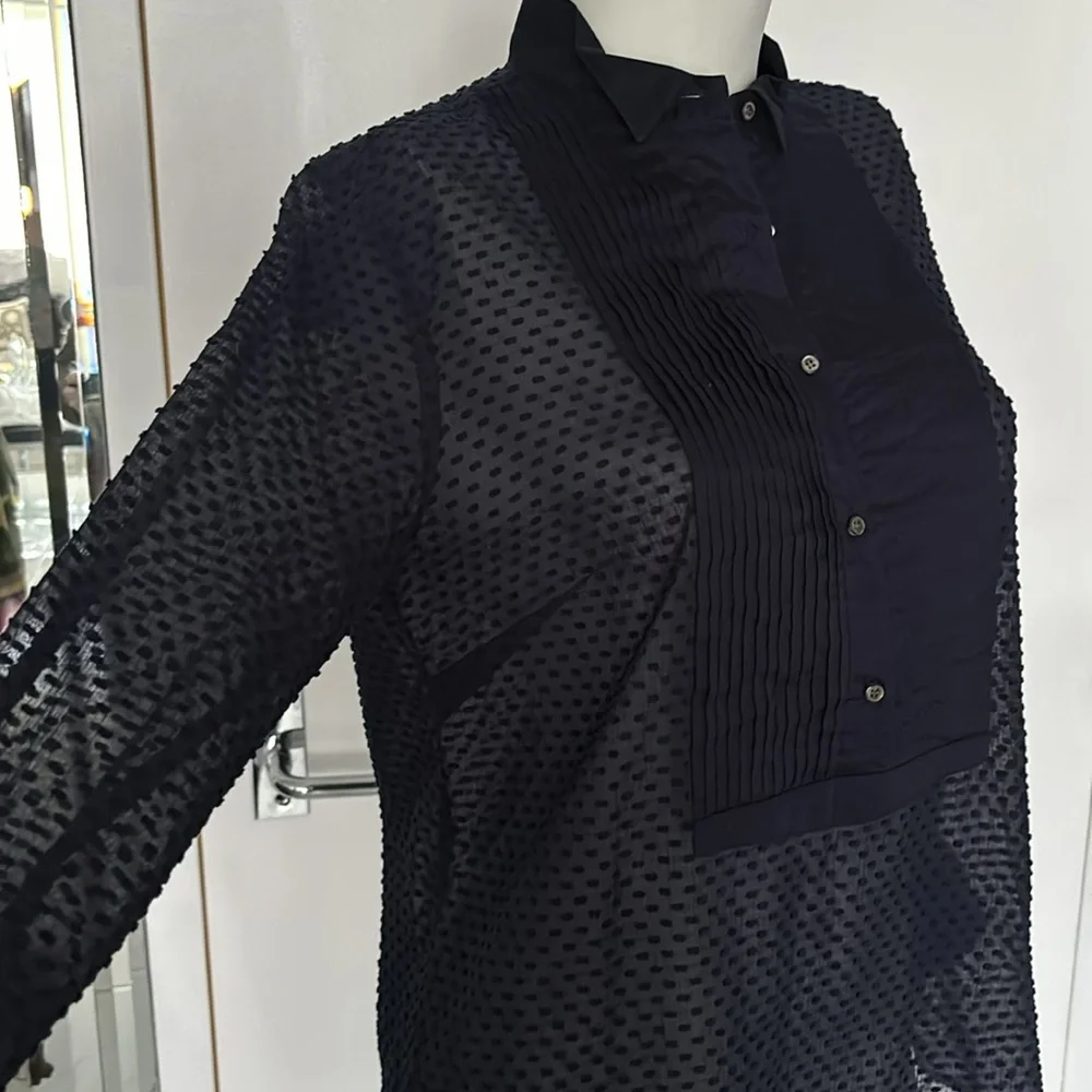 J. Crew Navy Pleated Swiss Dot Tuxedo Sheer Blouse - Picture 3 of 9
